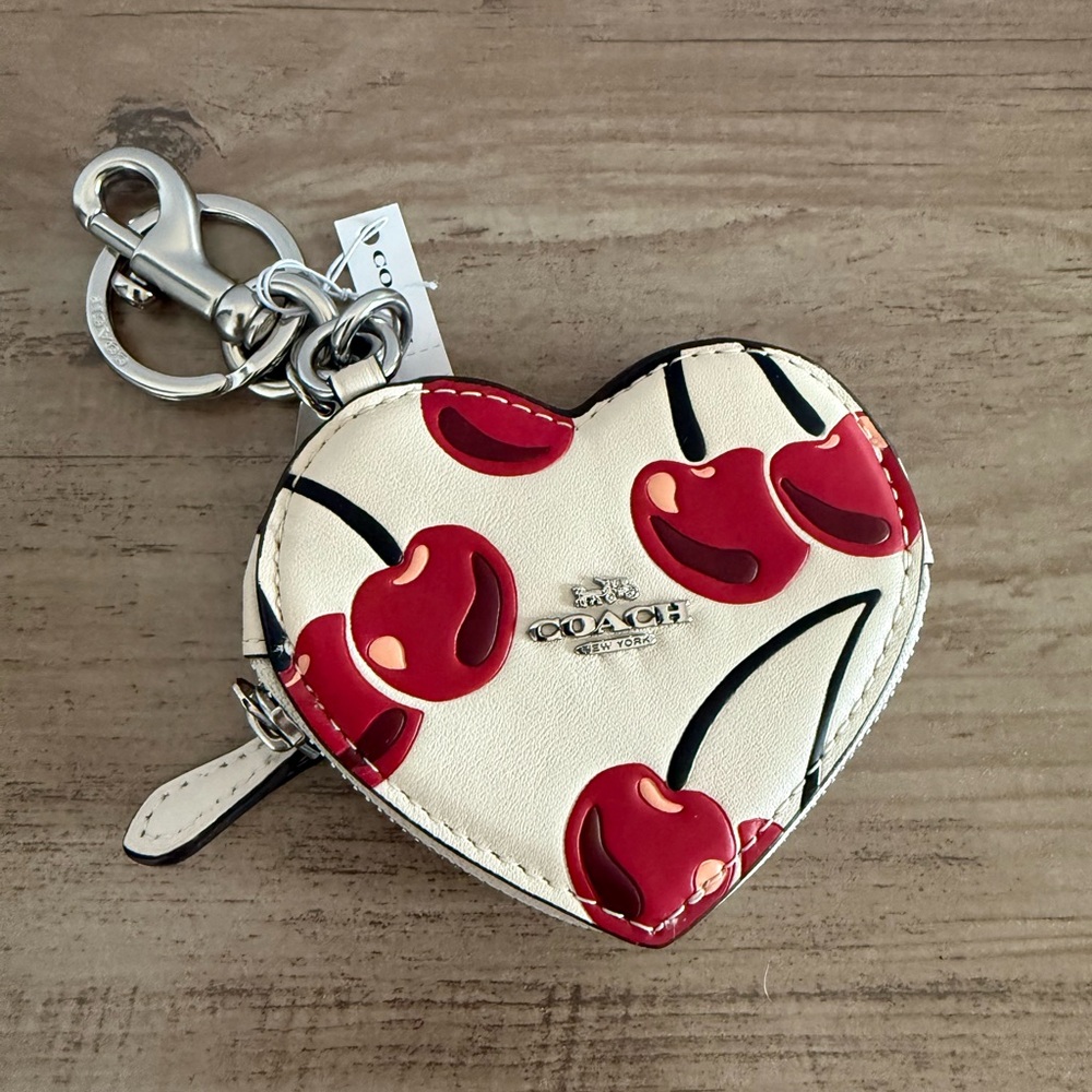 NWT Coach Heart Coin Pouch Bag Charm With Cherry Print Red/Chalk CZ091